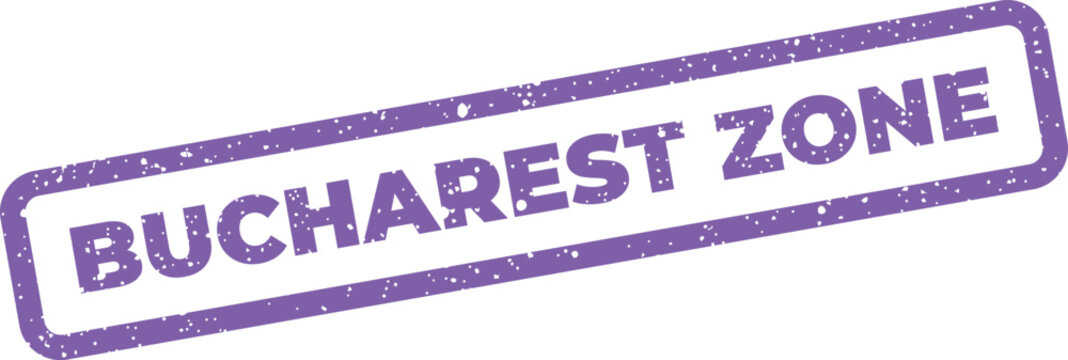 Distressed purple rectangular rubber stamp featuring Bucharest Zone for geographic demarcation or area identification