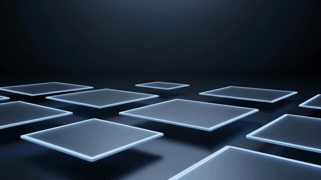 Floating square panels with illuminated edges create a modern digital interface layout for technology and design presentations.