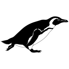 Black and White Penguin Silhouette, Side Profile, Isolated on White Background