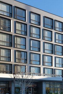 Close-up view of the side entrance at the AC Hotel Boston Downtown during the day on November 29, 2018, in Boston, Massachusetts.