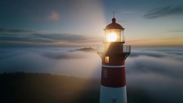 Lighthouse Standing in Fog at Dawn.