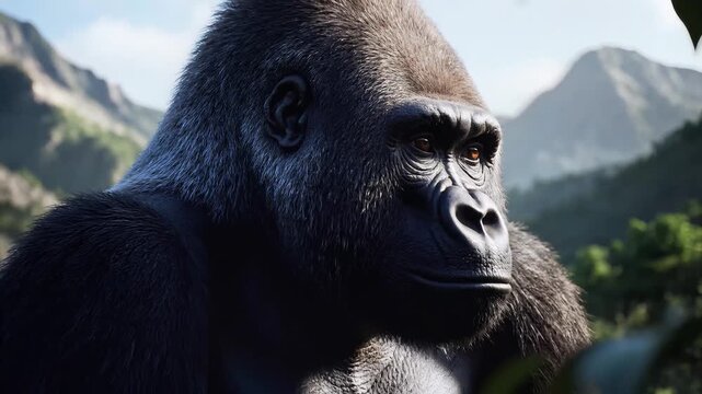 Majestic Gorilla Portrait in Lush Mountainous Landscape.
