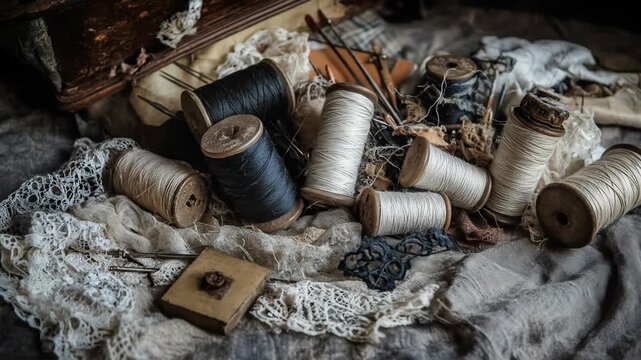 Vintage sewing supplies spools threads lace overhead composition