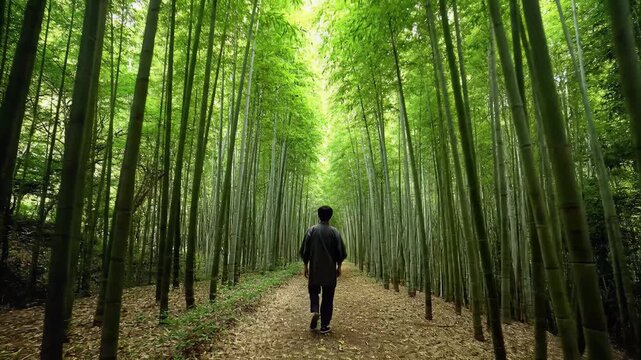 Man walking through a serene bamboo forest path in Arashiyama, Kyoto, Japan.
