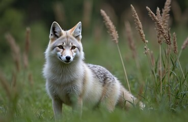 Fototapeta premium Fennec fox stands alert in tall dry grass. Wild animal with large ears looks directly at camera. Desert creature pauses in dry grassy field during daytime.