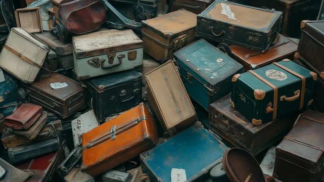 Vintage suitcases pile displaying textured surfaces and classic designs