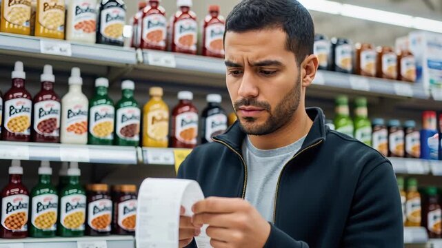 worried man examining receipt in grocery store aisle with shelves of products