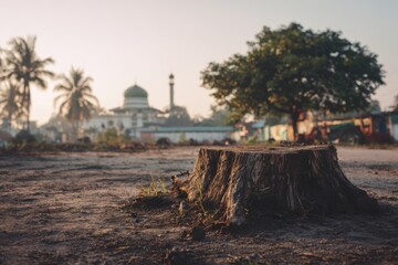 Ancient tree stump rests on dry ground near mosque