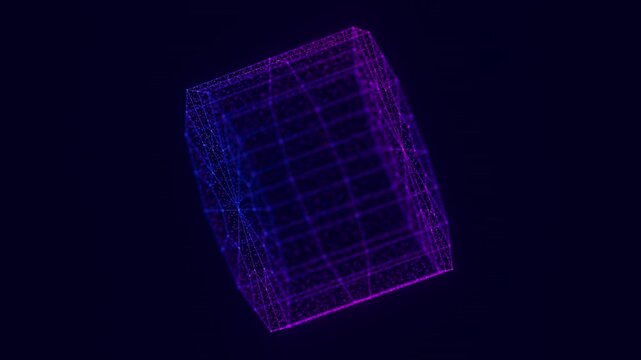 Rotating digital cylinder with data points. Holographic object technology animation. Futuristic AI vision analysis. Cyberspace research background