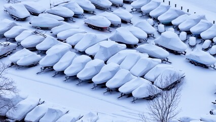 Fototapeta premium Winter with snow and marina after winter storm at frozen Irondequoit Bay in Central New York State