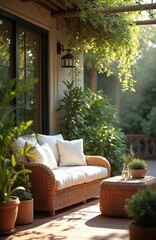 Obraz premium Cozy wicker sofa with white cushions on wooden deck surrounded by lush green plants. Outdoor seating area with coffee table in natural light offers tranquil relaxation spot. A peaceful garden escape.