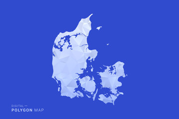 Naklejka premium Denmark Map - Polygon Style Vector Illustration in Blue and White Gradient, Low Poly Geometric Design, Isolated on Solid Background for Infographics and Digital Use.
