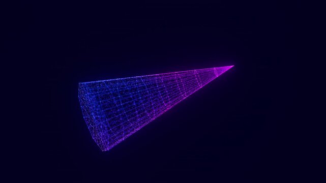 Rotating digital cone with data points. Holographic object technology animation. Futuristic AI vision analysis. Cyberspace research background