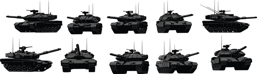 Vector silhouettes of ten modern military tanks in various angles, showcasing armored vehicle design, turret styles, and combat engineering diversity © Md
