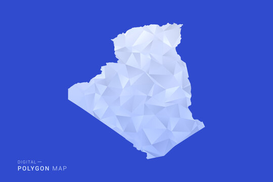 Algeria Map - Polygon Style Vector Illustration in Blue and White Gradient, Low Poly Geometric Design, Isolated on Solid Background for Infographics and Digital Use.