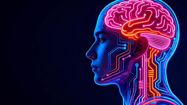 Human head with glowing brain and circuit