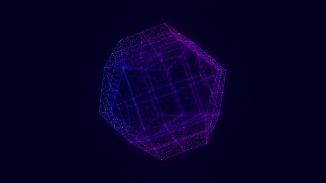 Rotating digital geometric object with data points. Holographic object technology animation. Futuristic AI vision analysis. Cyberspace research background