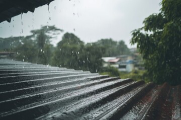 Rain falling on tin roof in a lush green setting