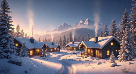 Fototapeta premium Cozy winter village with snow covered cabins, smoke from chimneys, warm glowing windows and snow capped mountains in background