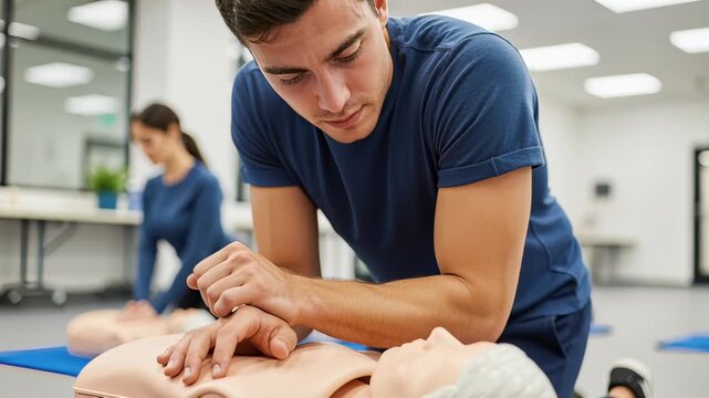 young man practicing CPR on dummy in class setting with focus on training and concentration