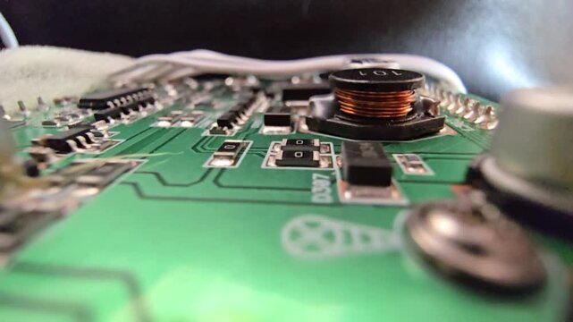 Macro panning shot of a green PCB circuit board, featuring detailed electronic components like capacitors, surface-mount resistors, and a copper inductor coil.