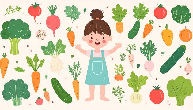 A young girl surrounded by various vegetables and healthy food options in a vibrant illustration