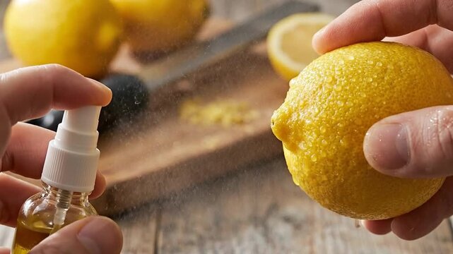 Preparing Lemon: Spraying Essential Oil on Lemon Fruit