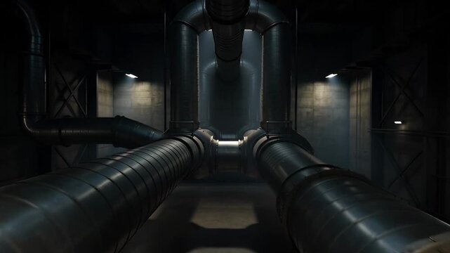 Industrial metal pipes in a dark setting geometric shapes and textures