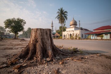 Weathered Tree Stump by Roadside Mosque