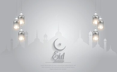 White Eid Mubarak background with silver lanterns © yaqoob