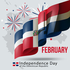 Obraz premium Dominican Republic Independence Day banner and greeting card. The wavy Kuwaiti flag symbolizes the national holiday on February 27th. Dominican Republic Independence Day card, vector illustration