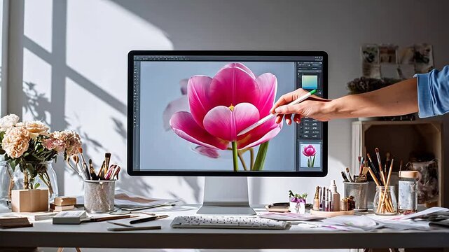 Desk with computer displaying pink tulip