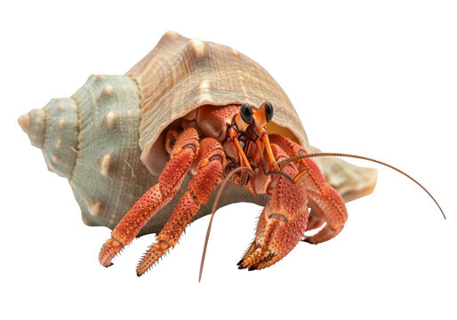 Vibrant orange hermit crab emerging from its shell isolated on transparent background