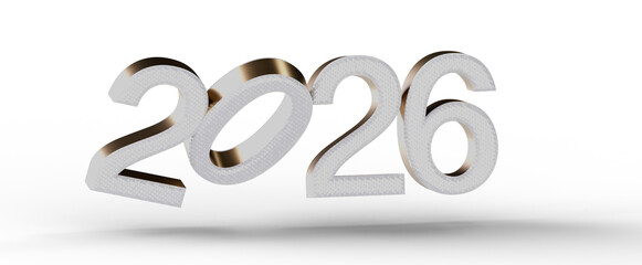 3D rendered 2026 year numbers in white color on a white background, perfect for New Year designs and celebrations. Moder