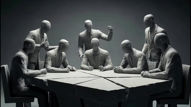 Gray stone businessmen in tense meeting around broken table