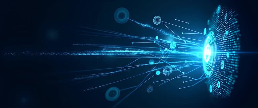 Digital data streams flow dynamically towards a glowing core, as the camera slowly pans across a futuristic, abstract network in a cinematic style, emphasizing technology and innovation.