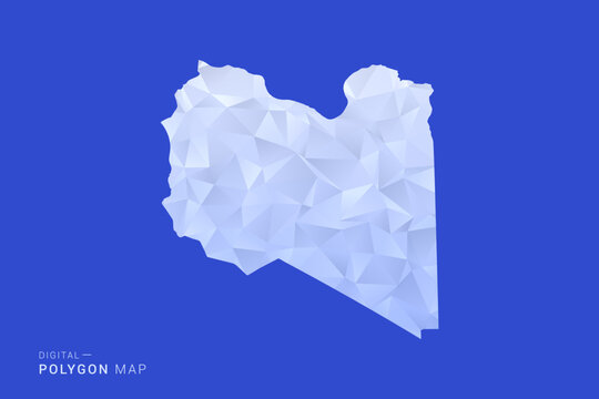 Libya Map - Polygon Style Vector Illustration in Blue and White Gradient, Low Poly Geometric Design, Isolated on Solid Background for Infographics and Digital Use.
