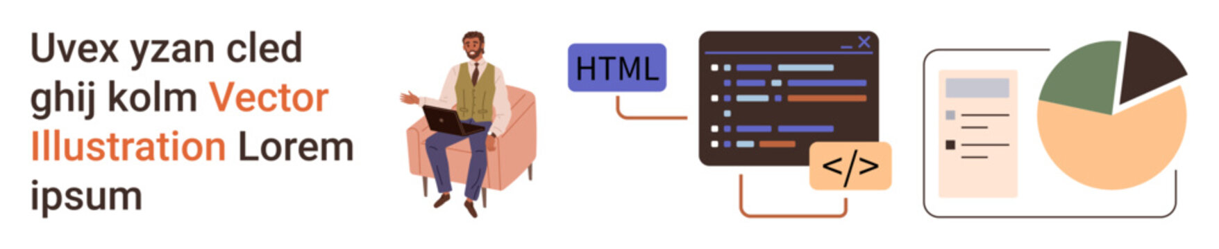 Web development, coding, data visualization, analytics, programming, technology. A developer with a laptop next to HTML code, charts and data. Web development and coding concepts