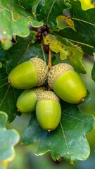 Cluster of unripe green acorns hang from a branch amidst large green leaves in soft light