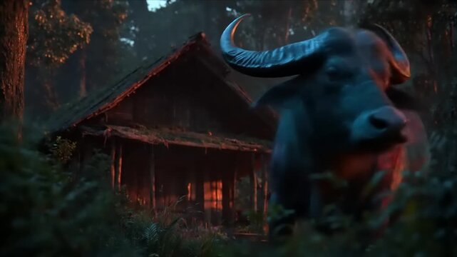 Majestic water buffalo in forest sunlight near rustic cabin