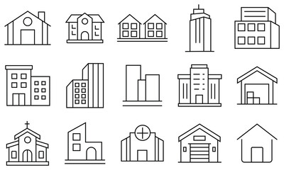 Fototapeta premium Buildings Line icon set. Out line icon of Including city, office, house, skyscraper, bank, schoolchurch, mosque, factory, , hotel, shop, university, hospital, architecture. vector illustration.
