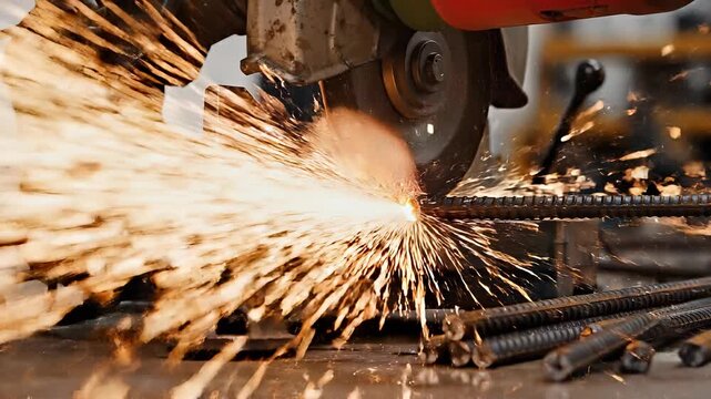 Industrial saw cutting steel rebar with bright sparks in workshop