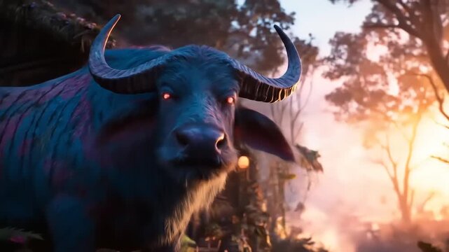 Majestic water buffalo with colorful markings in front of thatched hut