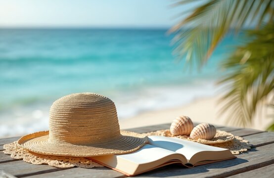Straw hat rests on beach table beside open book and shells. Gentle waves lap sandy shore under palm tree fronds. Relaxing ocean view invites peaceful vacation time.