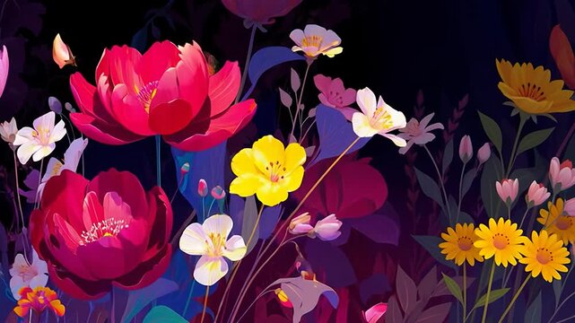 Colorful fantasy garden with vibrant flowers and dark dramatic background illustration