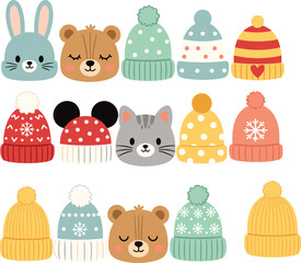 Colorful flat vector illustration of cute animal faces and patterned winter beanies for children seasonal fashion branding holiday cards and nursery decor, cad drawing flat vector illustration © MdRubel