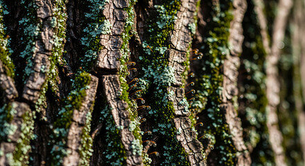 Close up of textured tree bark with moss showcasing natures patterns