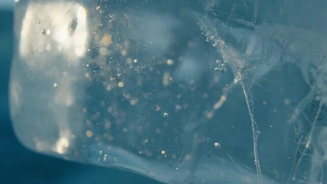 Subsurface Glacial Detail Intricate view of dust motes trapped just beneath the surface or within a clear section of a glacier, revealing natural textures.