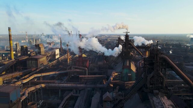 Factory plant smoke from chimneys metallurgical plant drone flyover
