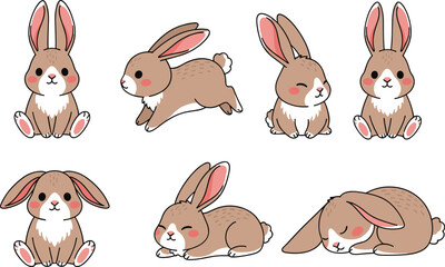 Fototapeta premium Cute Cartoon Bunny Characters Set with Different Poses Adorable Rabbit Animal Vector Illustration Collection